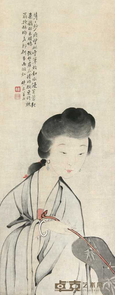 姜壎 执扇仕女 立轴 102×40cm